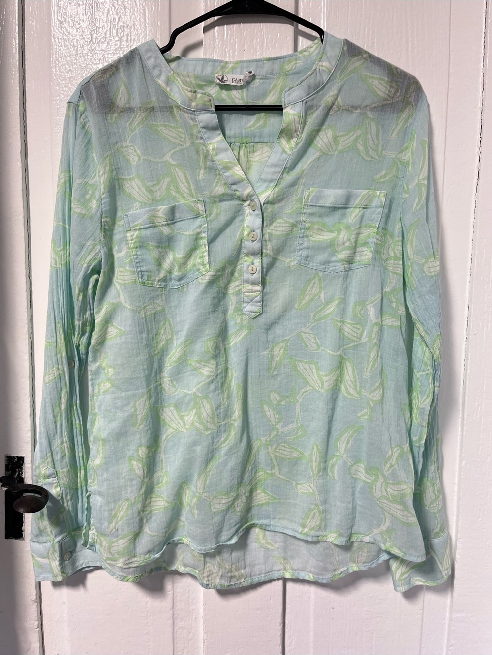 Carve Designs Light Blue & Lime Green Leaf Print Pullover Top
